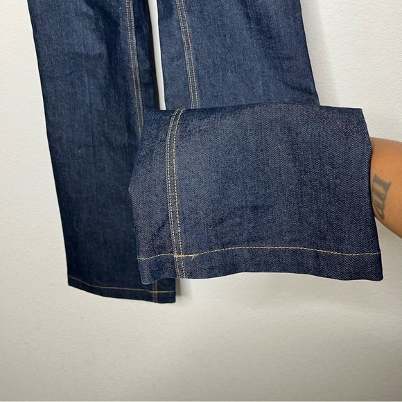 New York And Company Low Rise Flare Leg 70s Groovy Hippie Dark Wash Brown Stitch - Picture 3 of 9